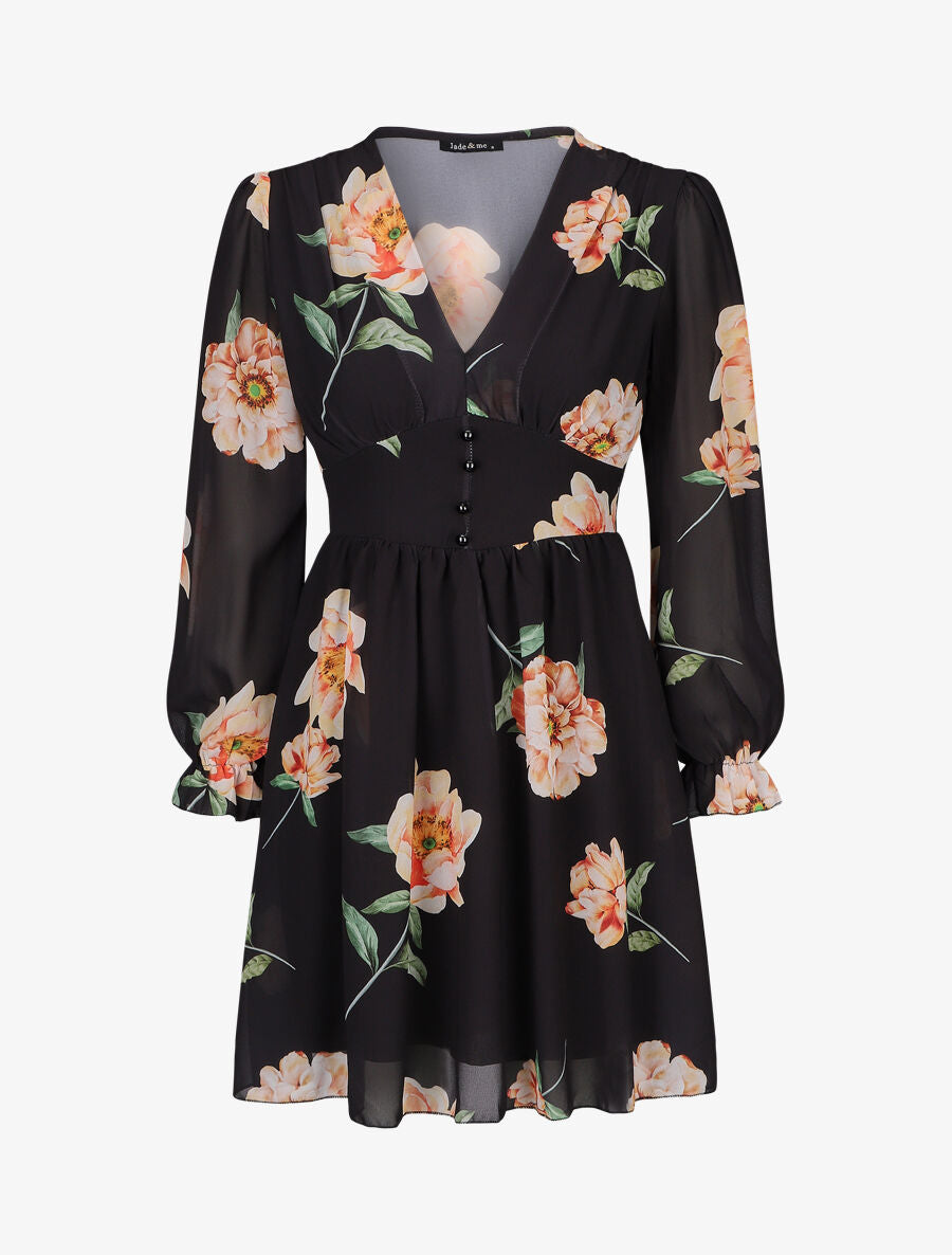 Robe courte patineuse imprimé grandes fleurs - Noir - 1