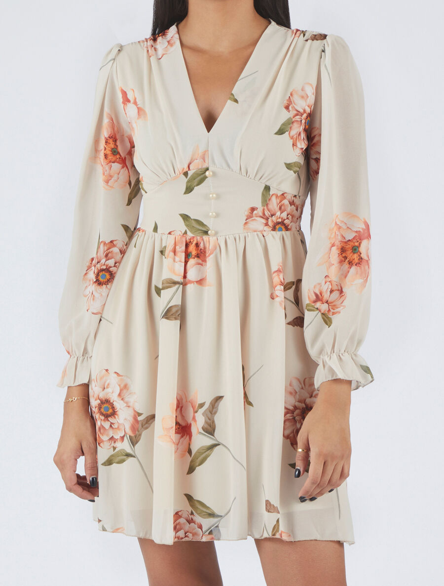 Robe courte patineuse imprimé grandes fleurs - Beige - 4