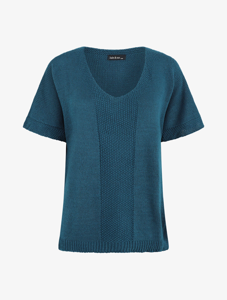 Pull à col rond et manches courtes - Bleu canard - 1