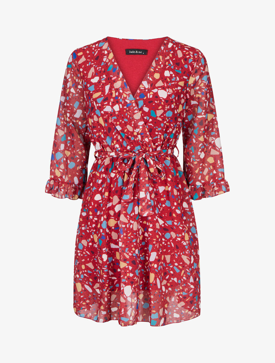 Robe cache-coeur à manches transparentes imprimé graphique - Rouge - 5