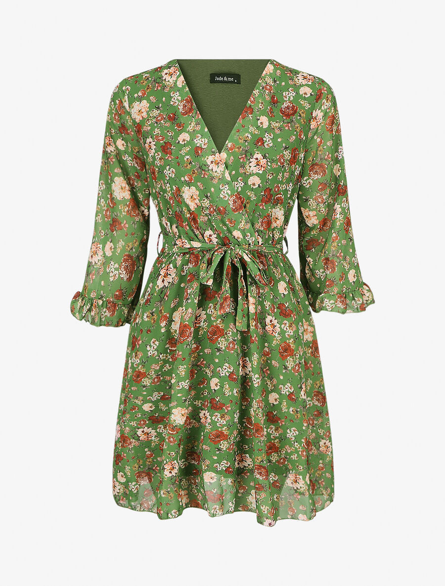 Robe cache-coeur à manches transparentes imprimé fleuri - Vert - 5
