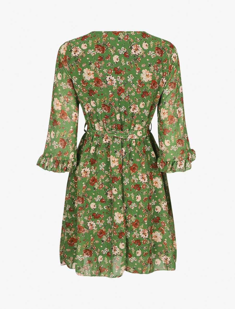Robe cache-coeur à manches transparentes imprimé fleuri - Vert - 2
