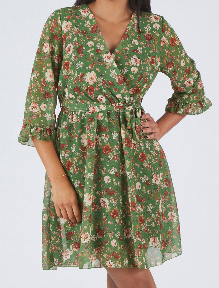 Robe cache-coeur à manches transparentes imprimé fleuri - Vert - 4