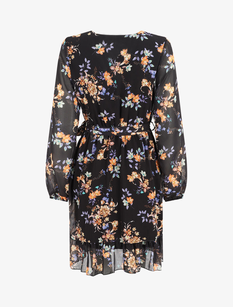 Robe à volants imprimé bouquet automnal - Noir - 2