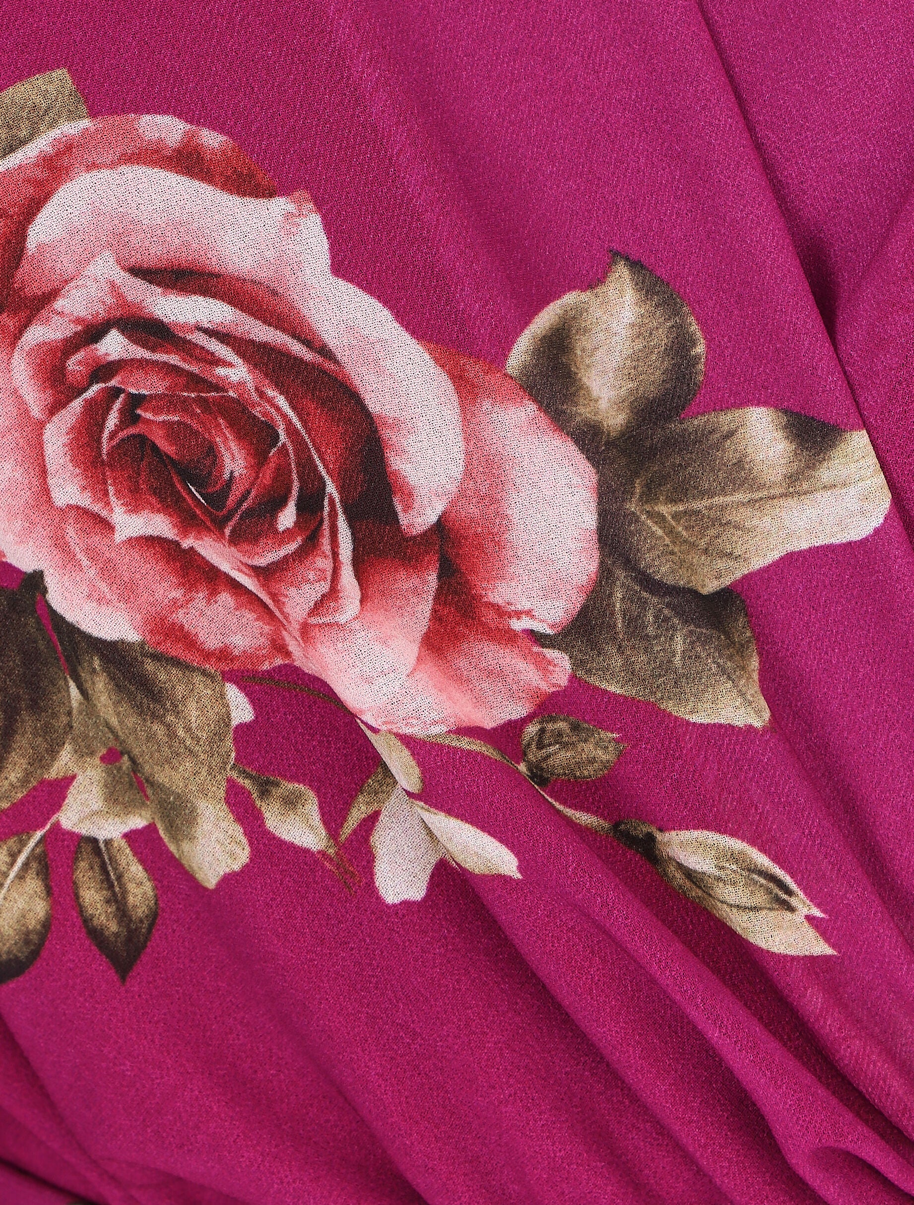 Robe mi-longue taille élastiquée imprimé roses - Mauve - 3