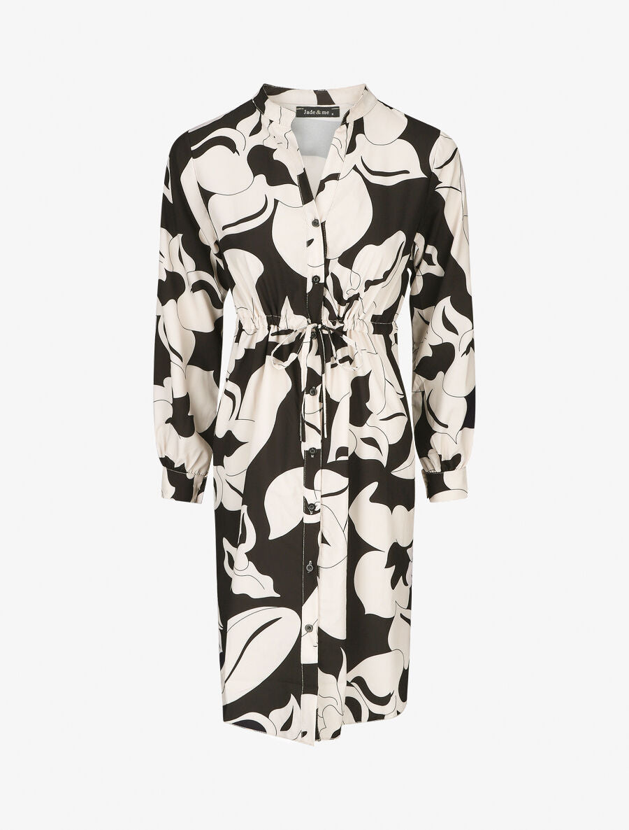 Robe chemise à taille élastiquée imprimé grandes fleurs - Noir - 1