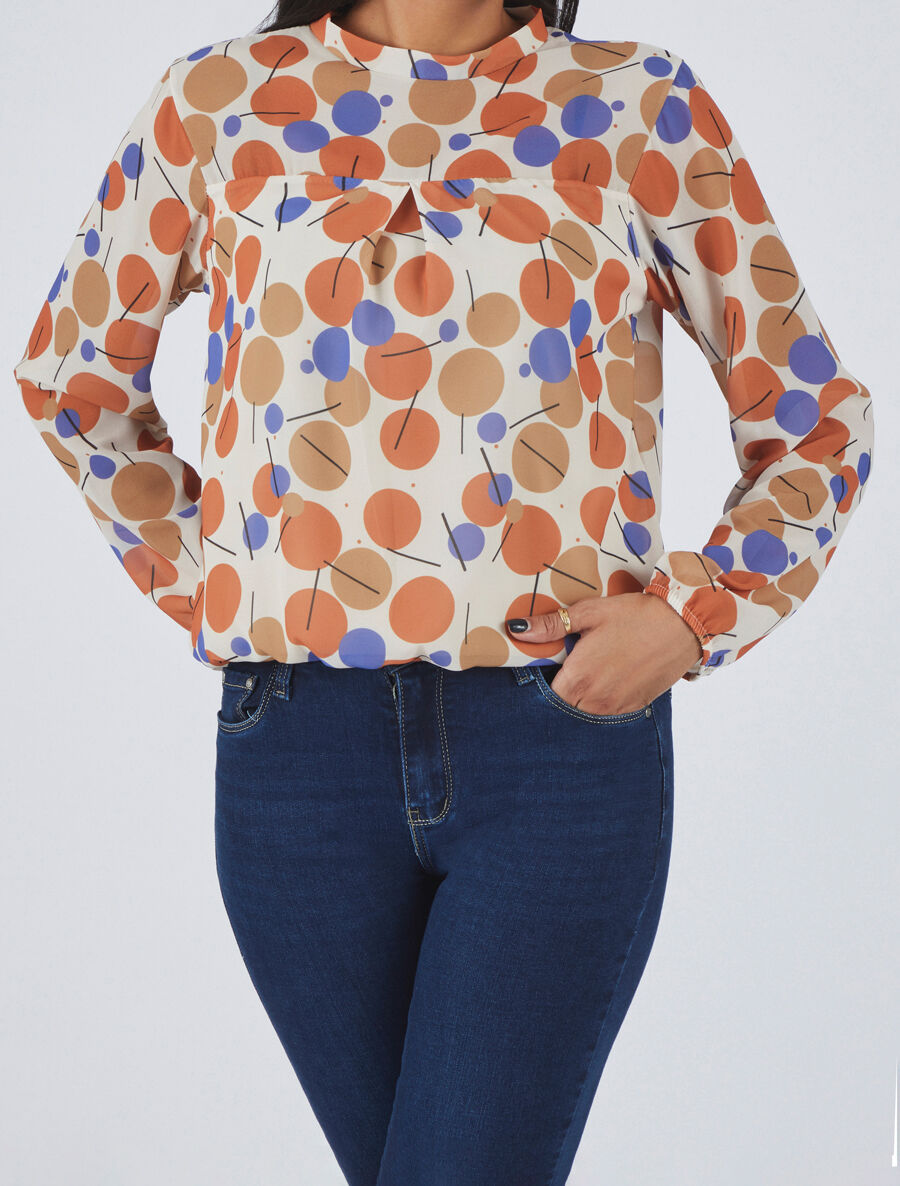 Blouse en voile imprimé rétro - Beige - 4
