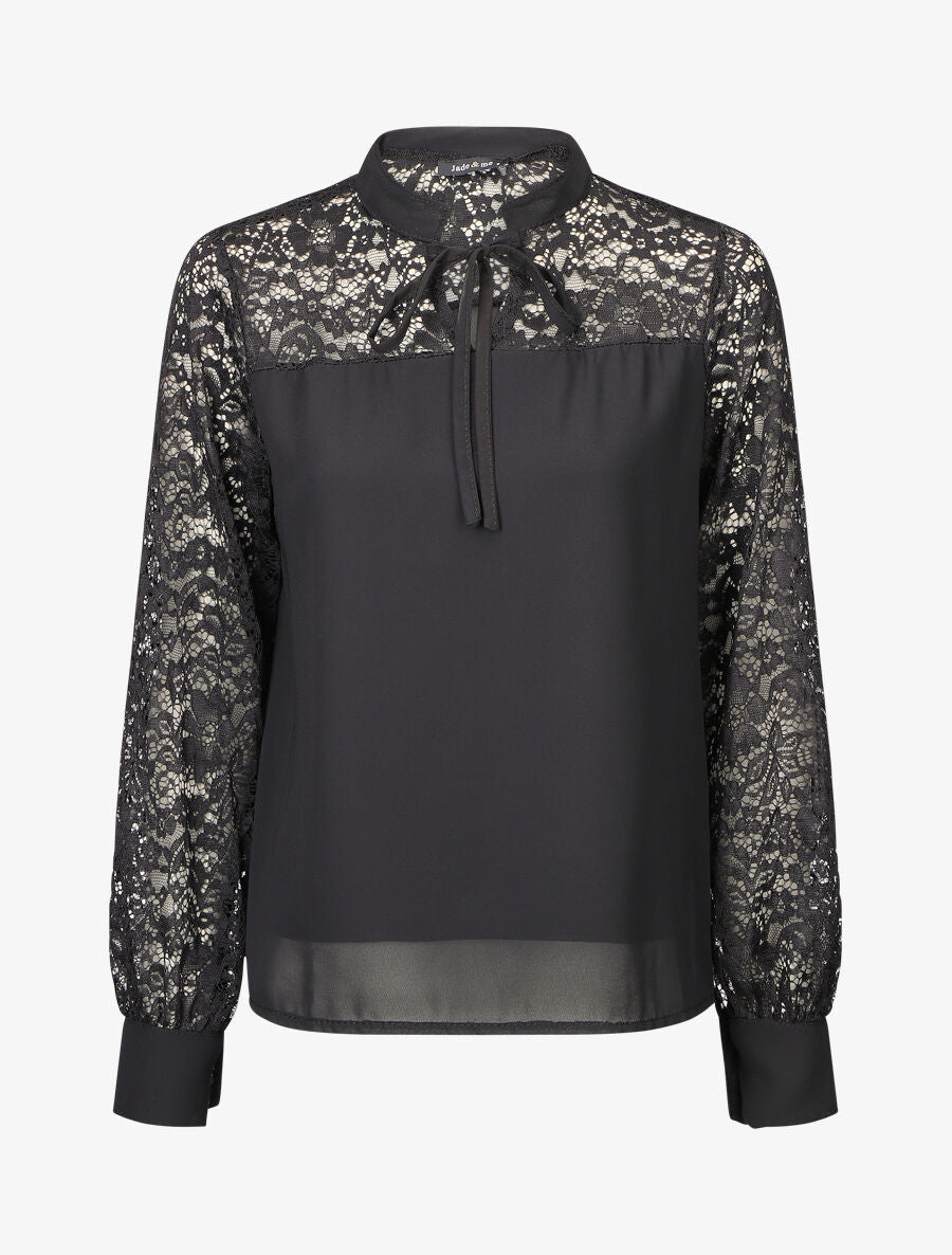 Blouse à manches longues ajourées en dentelle - Noir - 4