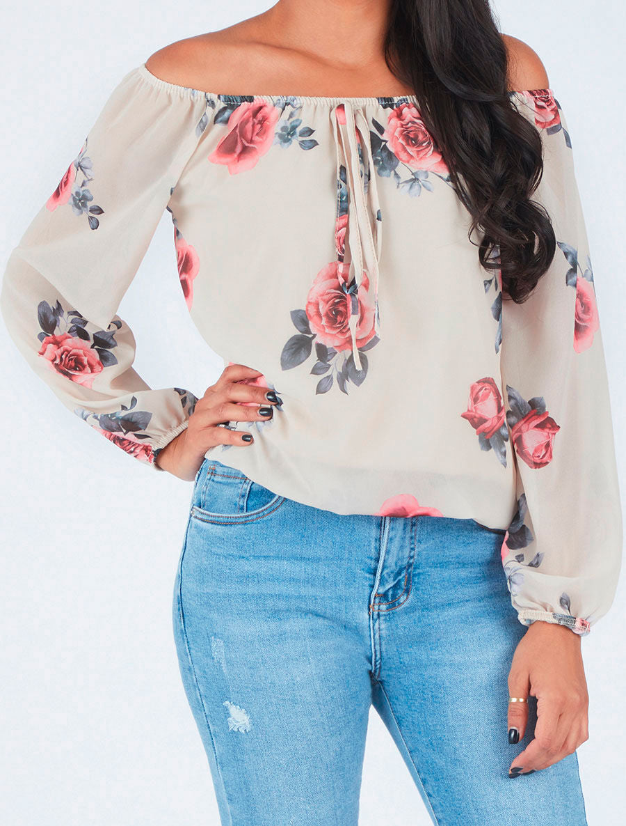 Blouse imprimé grandes fleurs à manches transparentes - Beige - 4