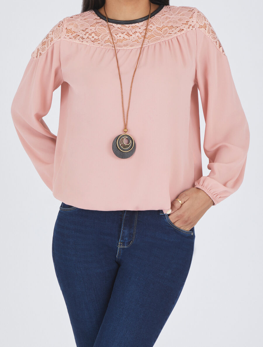 Top fluide à dentelle - Rose - 4