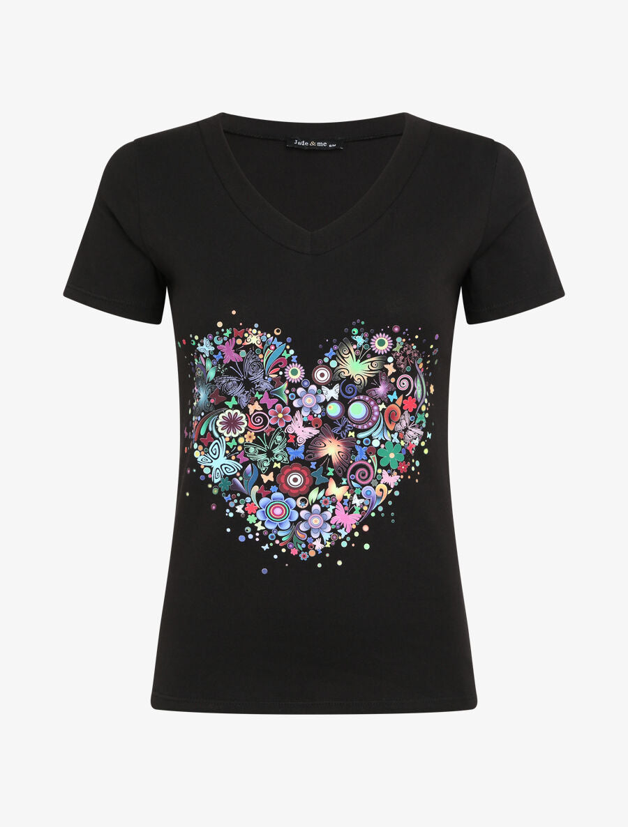 T-shirt slim à flocage coeur psychédélique - Noir - 1