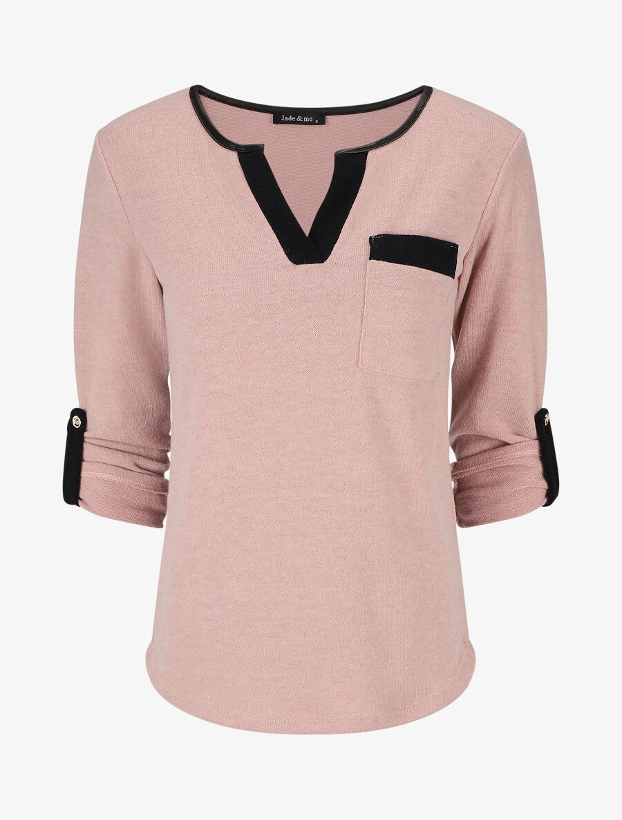 Pull col V contrastant à manches retroussables - Rose - 4
