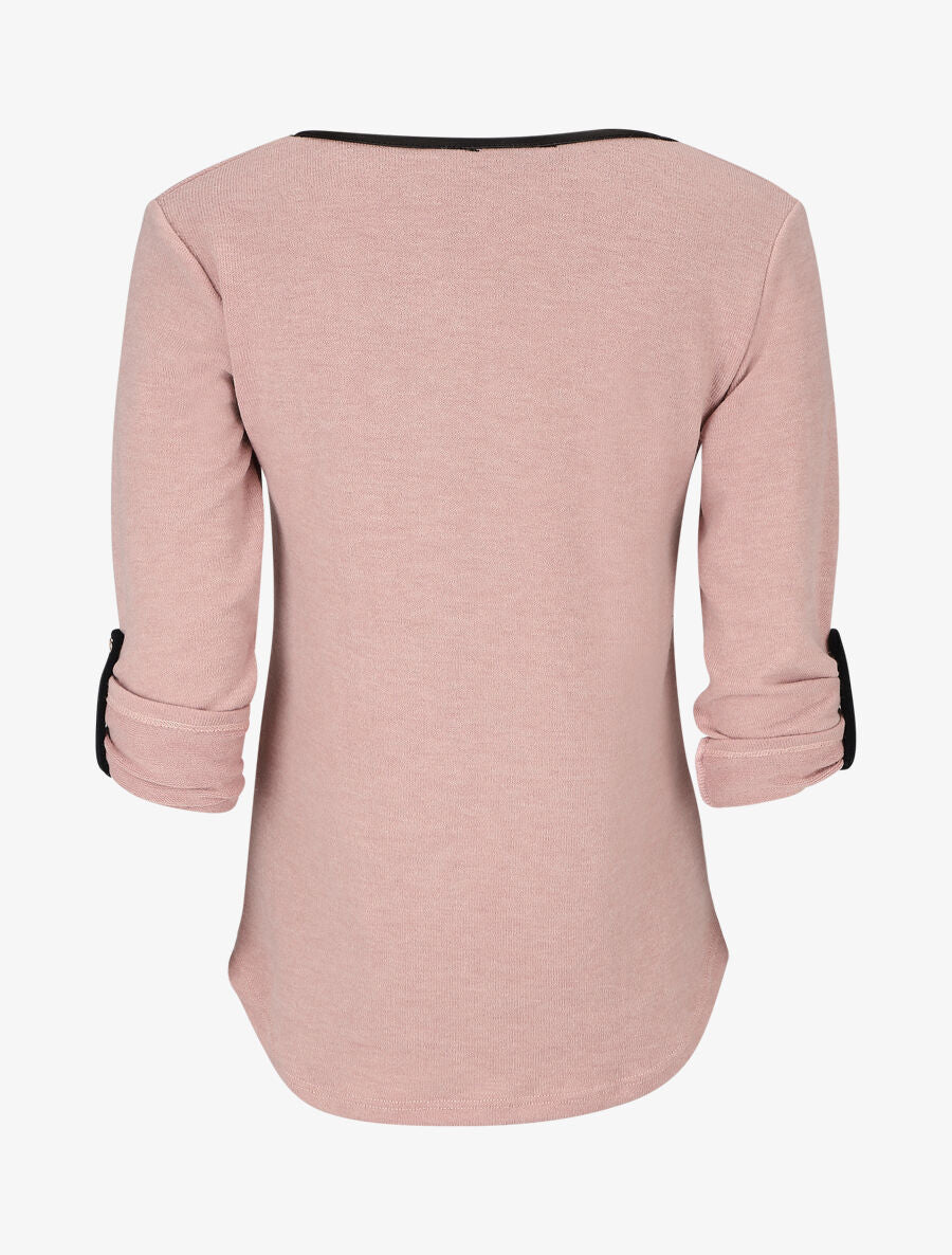 Pull col V contrastant à manches retroussables - Rose - 2