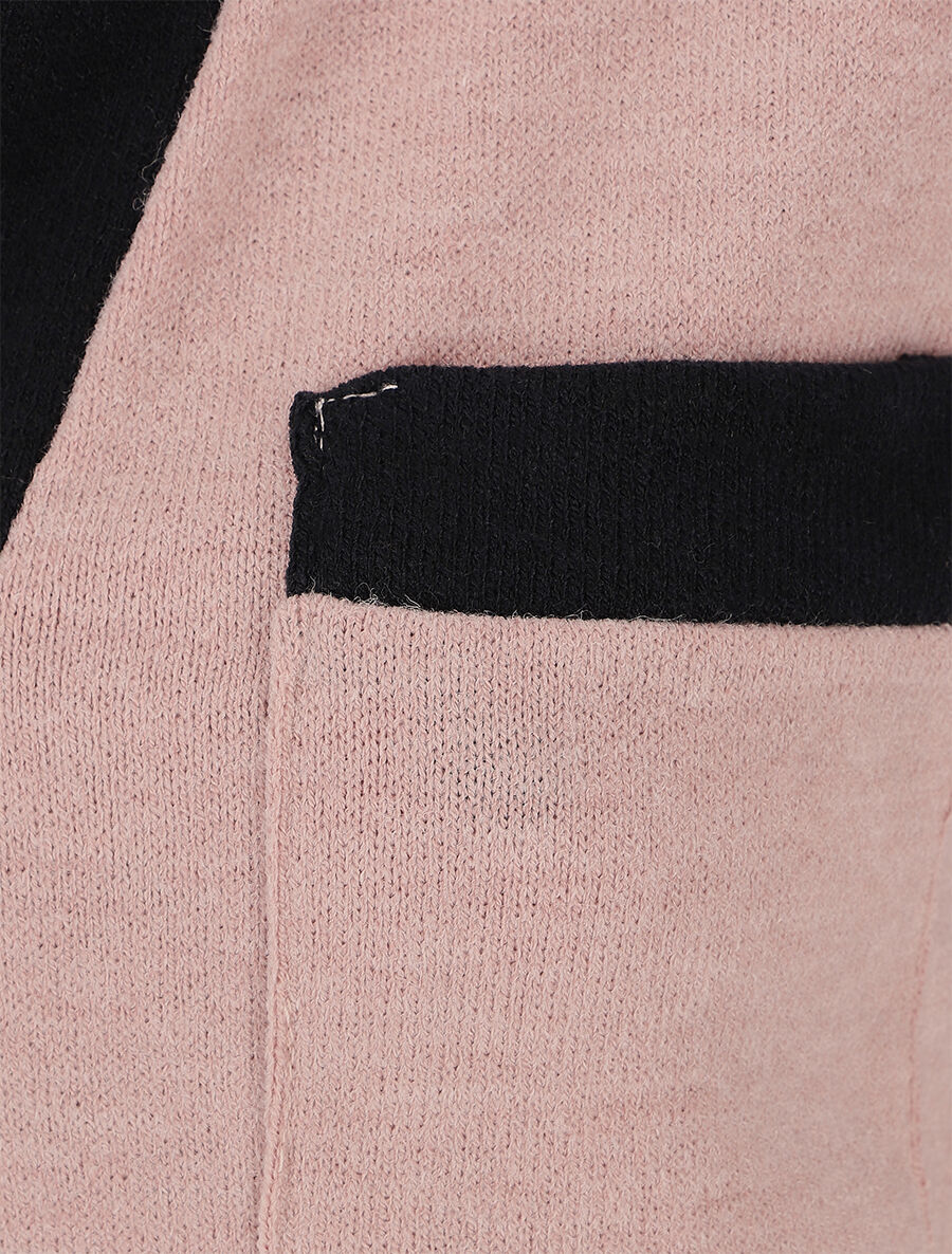 Pull col V contrastant à manches retroussables - Rose - 3