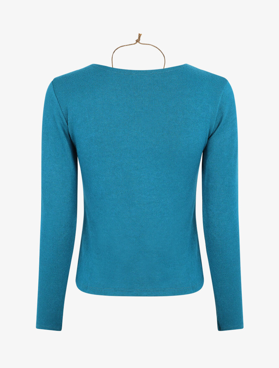 Pull fin à col V en simili - Bleu canard - 2