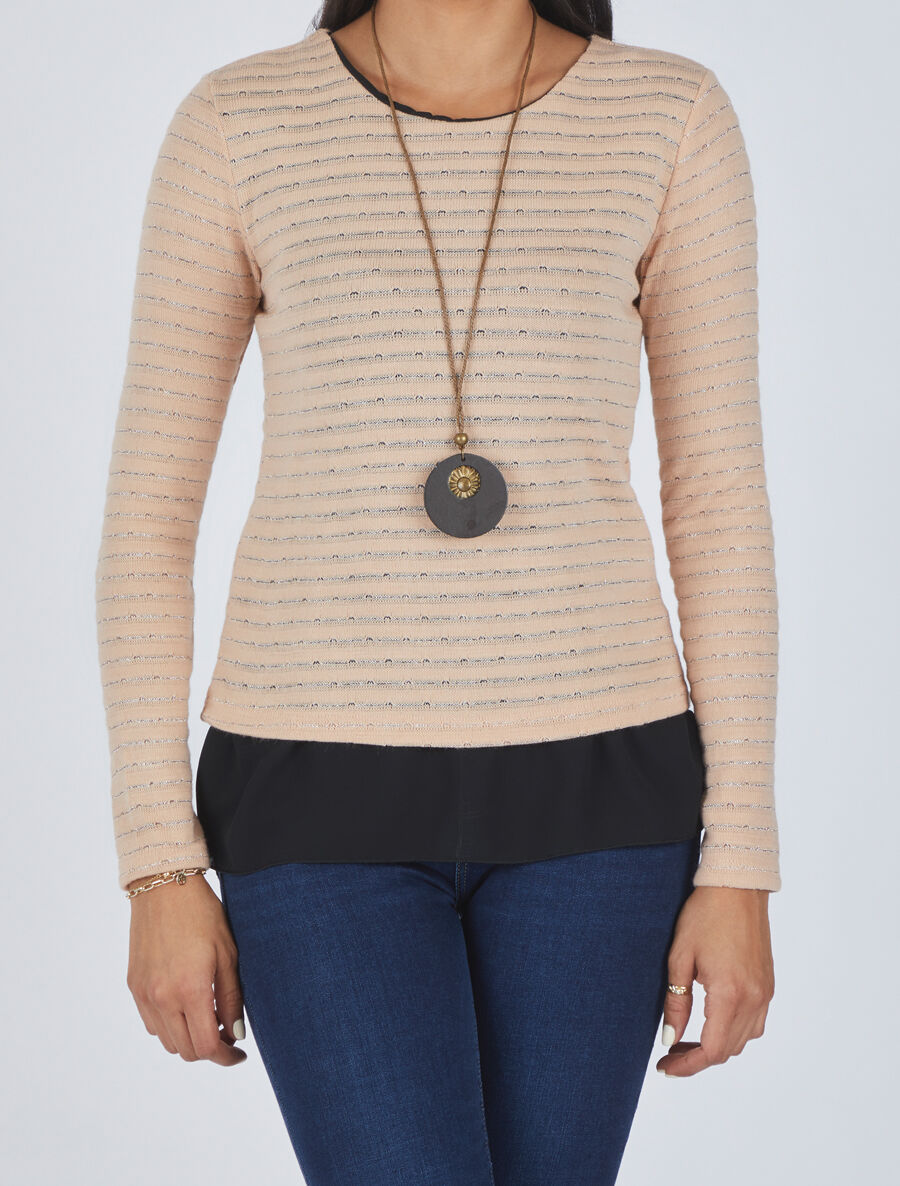 Pull droit rayé à doublure voile - Rose - 4