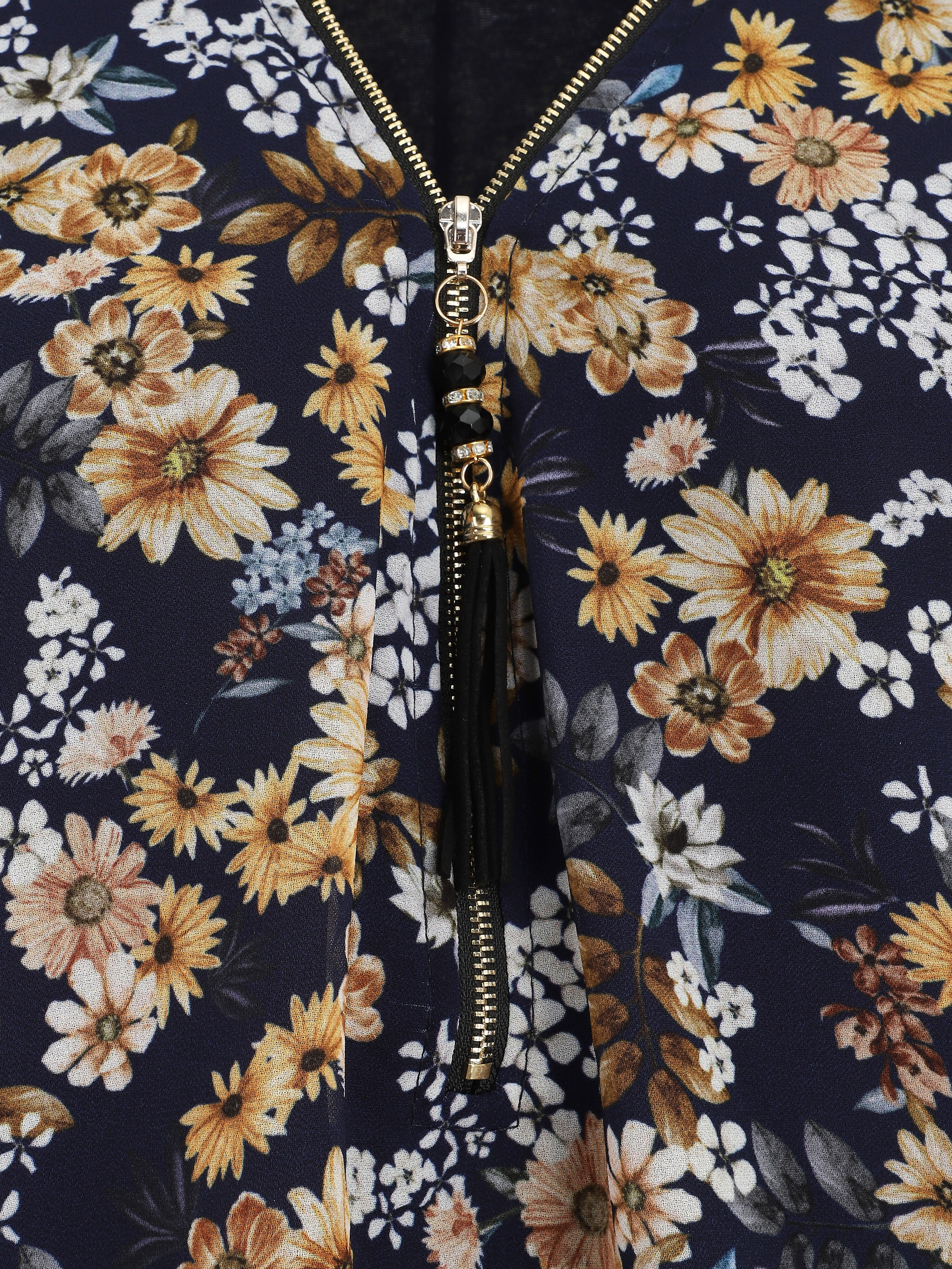 Blouse ample fleuri col zippé - Marine - 3