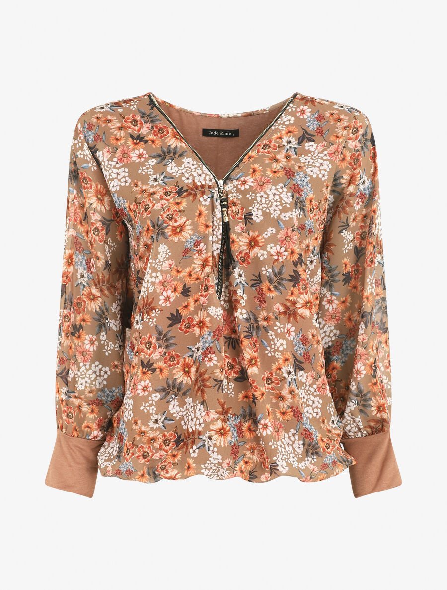 Blouse ample fleuri col zippé - Camel - 4