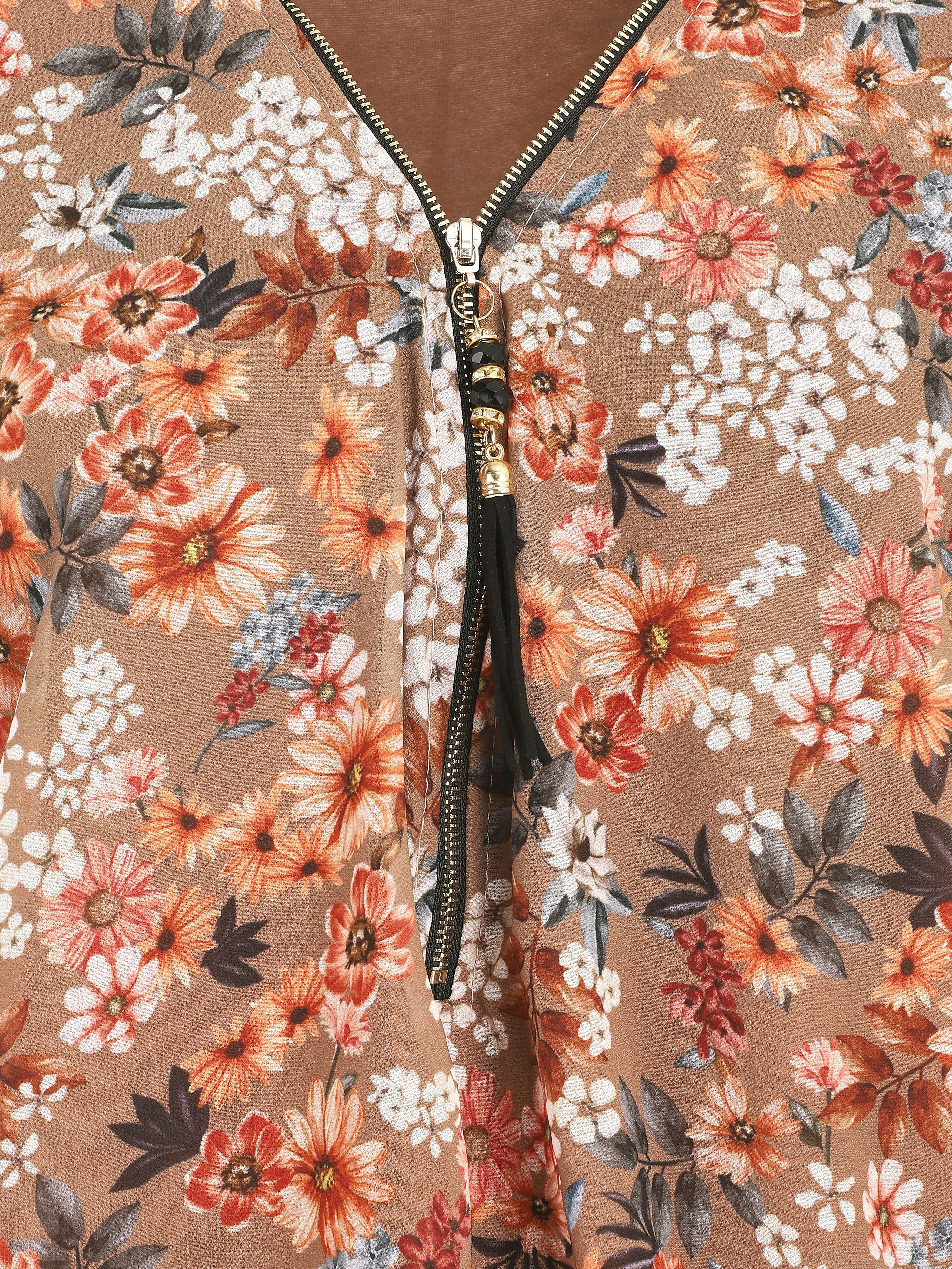 Blouse ample fleuri col zippé - Camel - 3