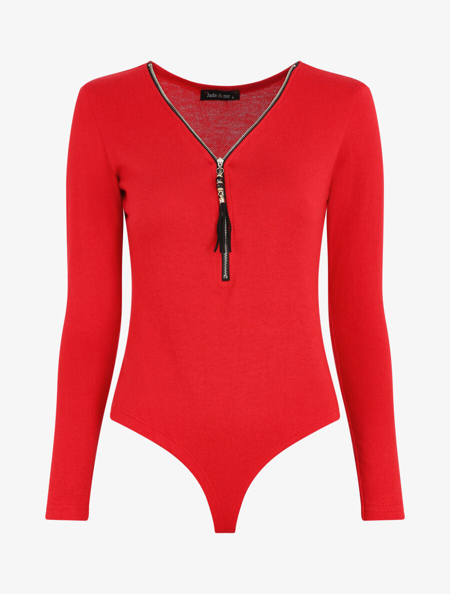 Body en maille uni à col V zippé - Rouge - 1
