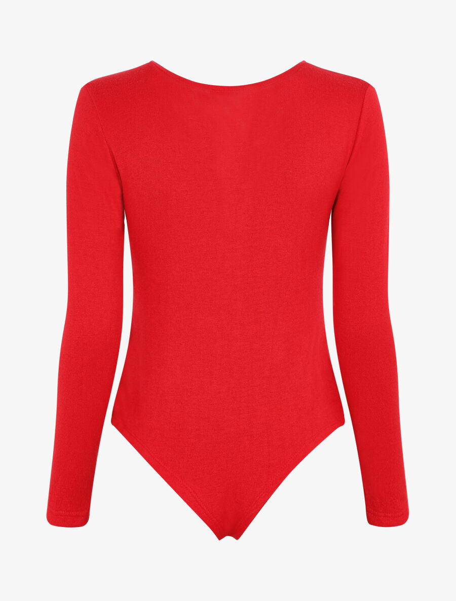 Body en maille uni à col V zippé - Rouge - 2
