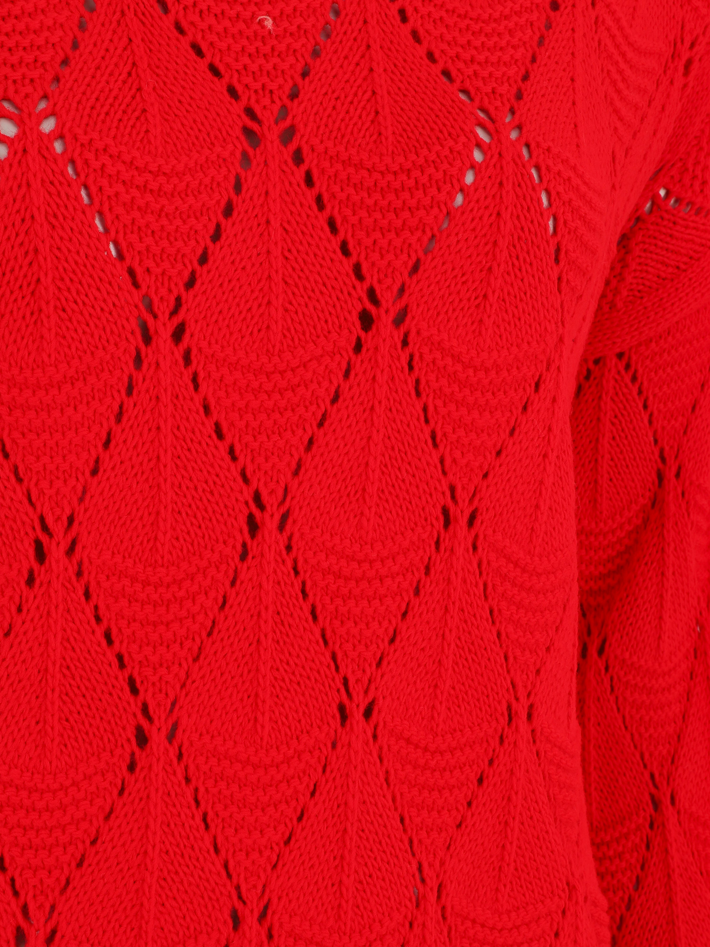 Pull uni en maille ajourée - Rouge - 3