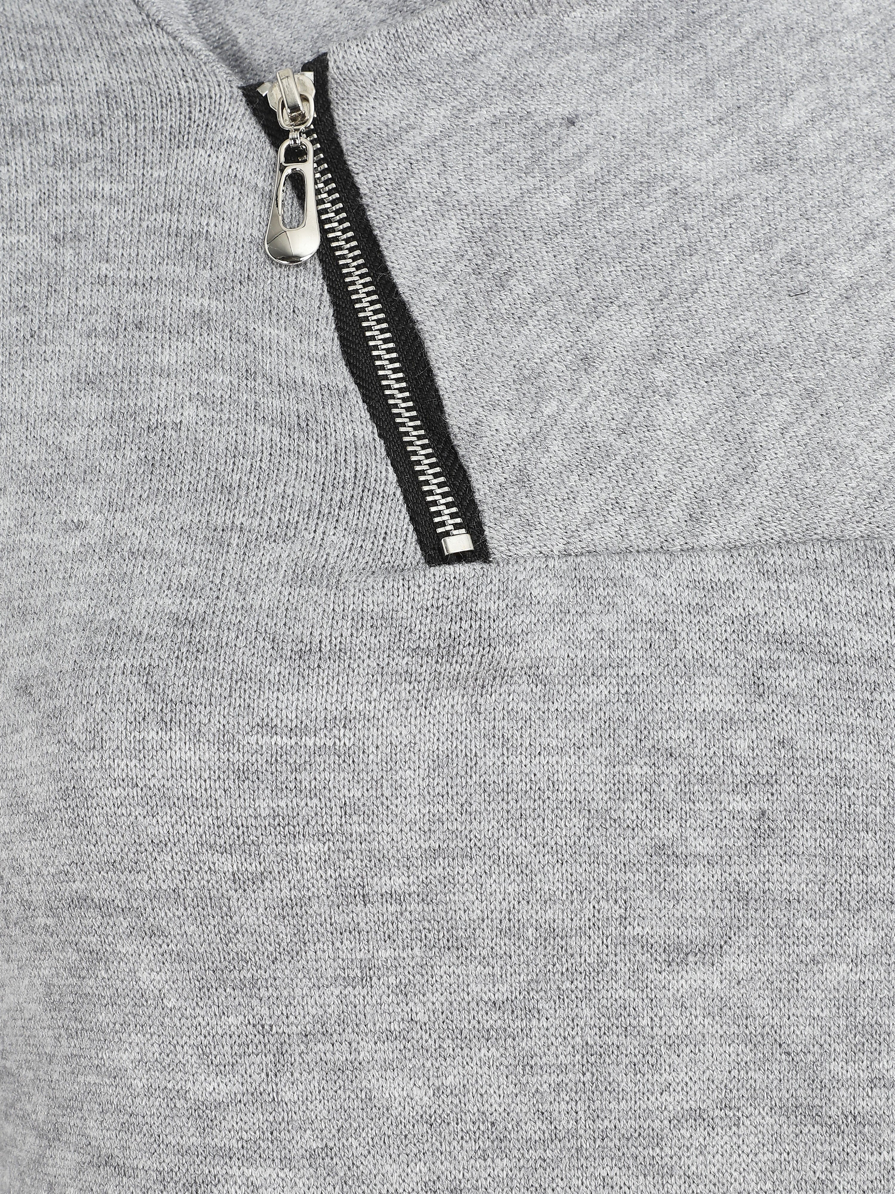 Pull fin à col V fantaisie zippé - Gris - 3