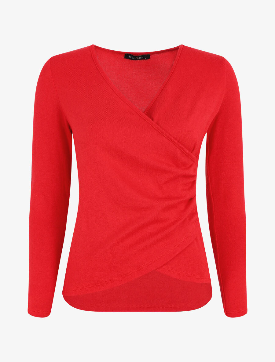 Pull fin à encolure cache-coeur et effet drapé - Rouge - 4