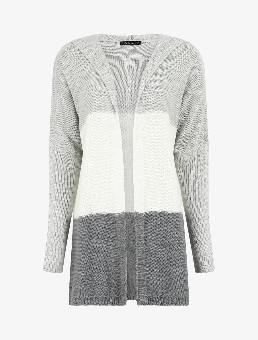 Gilet mi-long rayé à capuche - Blanc/gris - 1