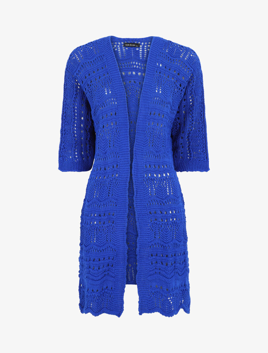 Gilet long en maille ajourée à manches 3/4 - Bleu roi - 1