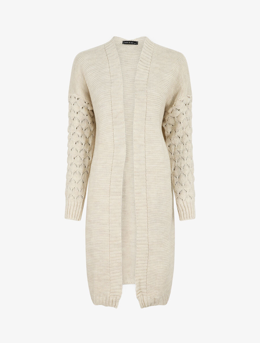 Gilet long uni à manches longues - Beige - 1