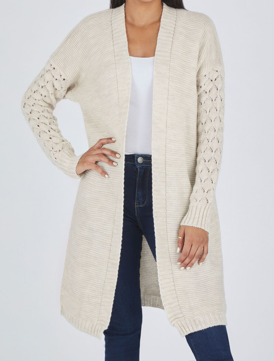 Gilet long uni à manches longues - Beige - 4