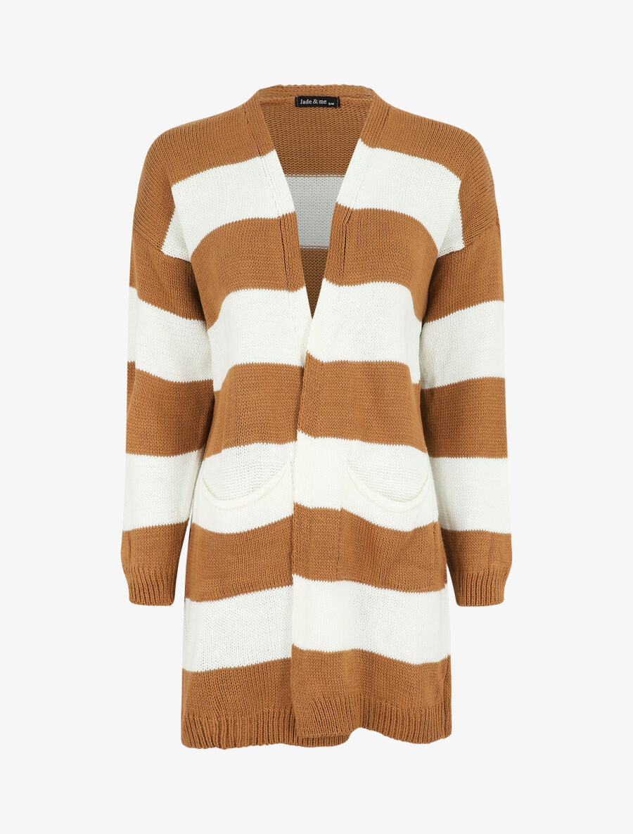 Gilet long ouvert à rayures - Camel - 1
