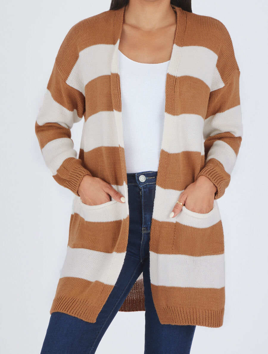 Gilet long ouvert à rayures - Camel - 4