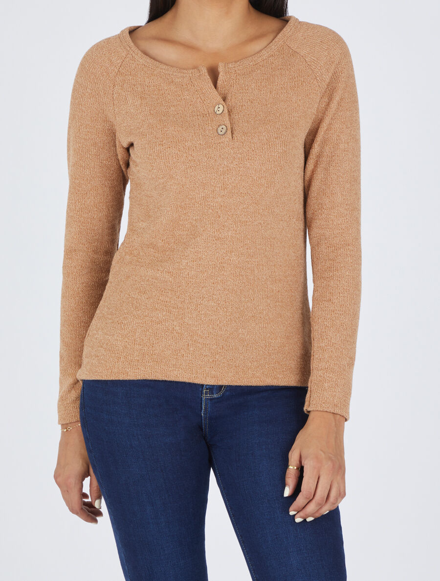 Pull côtelé à boutons - Camel - 4