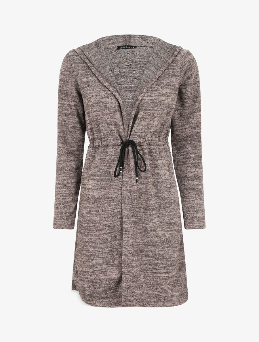 Gilet mi-long à capuche et liens - Taupe - 1