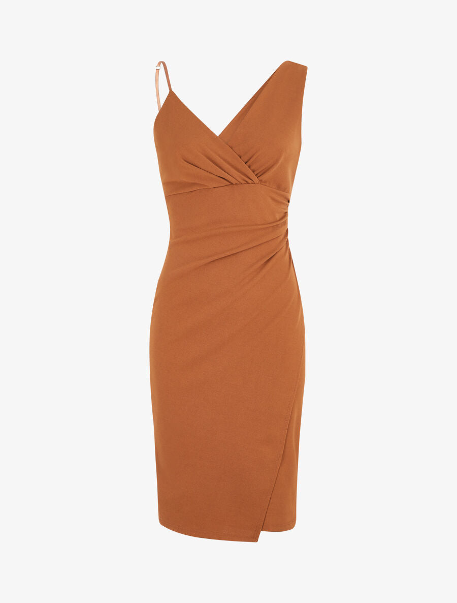 Robe ajustée portefeuille à bretelles asymétriques - Camel - 2