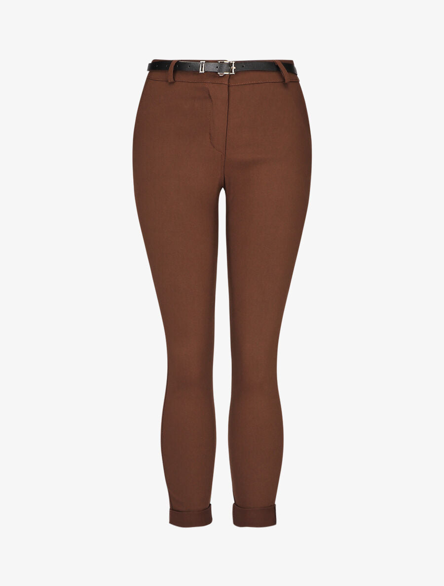 Pantalon 7/8 uni à revers - Marron - 1