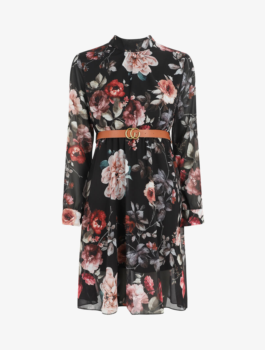 Robe évasée col montant imprimé floral - Noir - 4