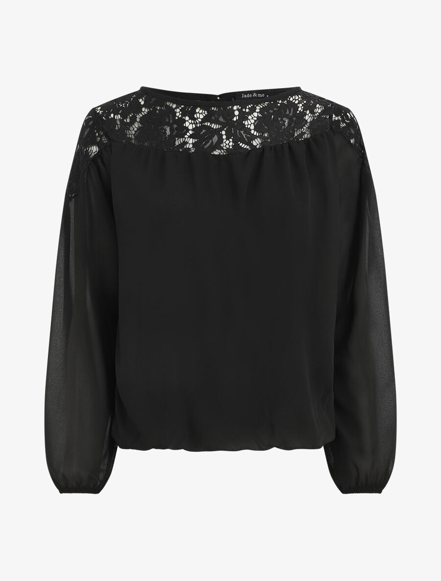 Blouse en voile coupe boule et dentelle - Noir - 4
