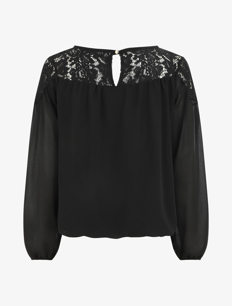 Blouse en voile coupe boule et dentelle - Noir - 2