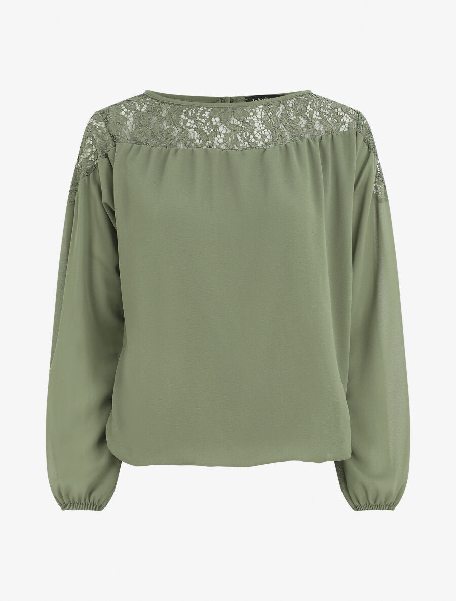 Blouse en voile coupe boule et dentelle - Kaki - 4