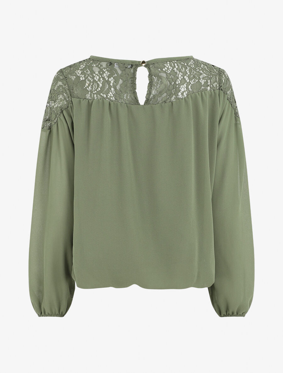 Blouse en voile coupe boule et dentelle - Kaki - 2