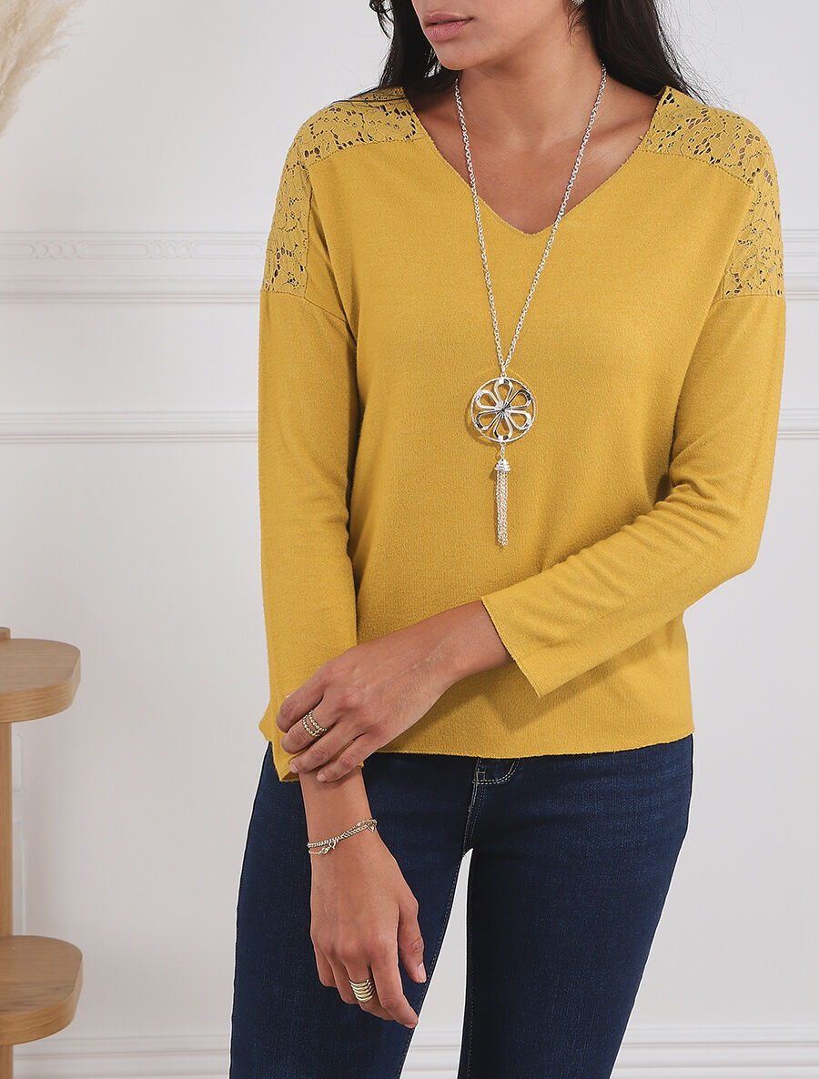 Pull droit à épaules en dentelle - Moutarde - 4
