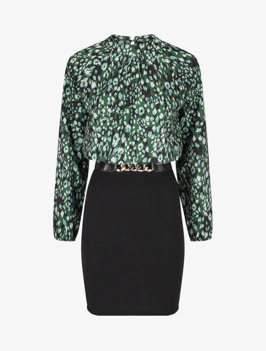 Robe bicolore à imprimé feuillage - Vert sapin - 1