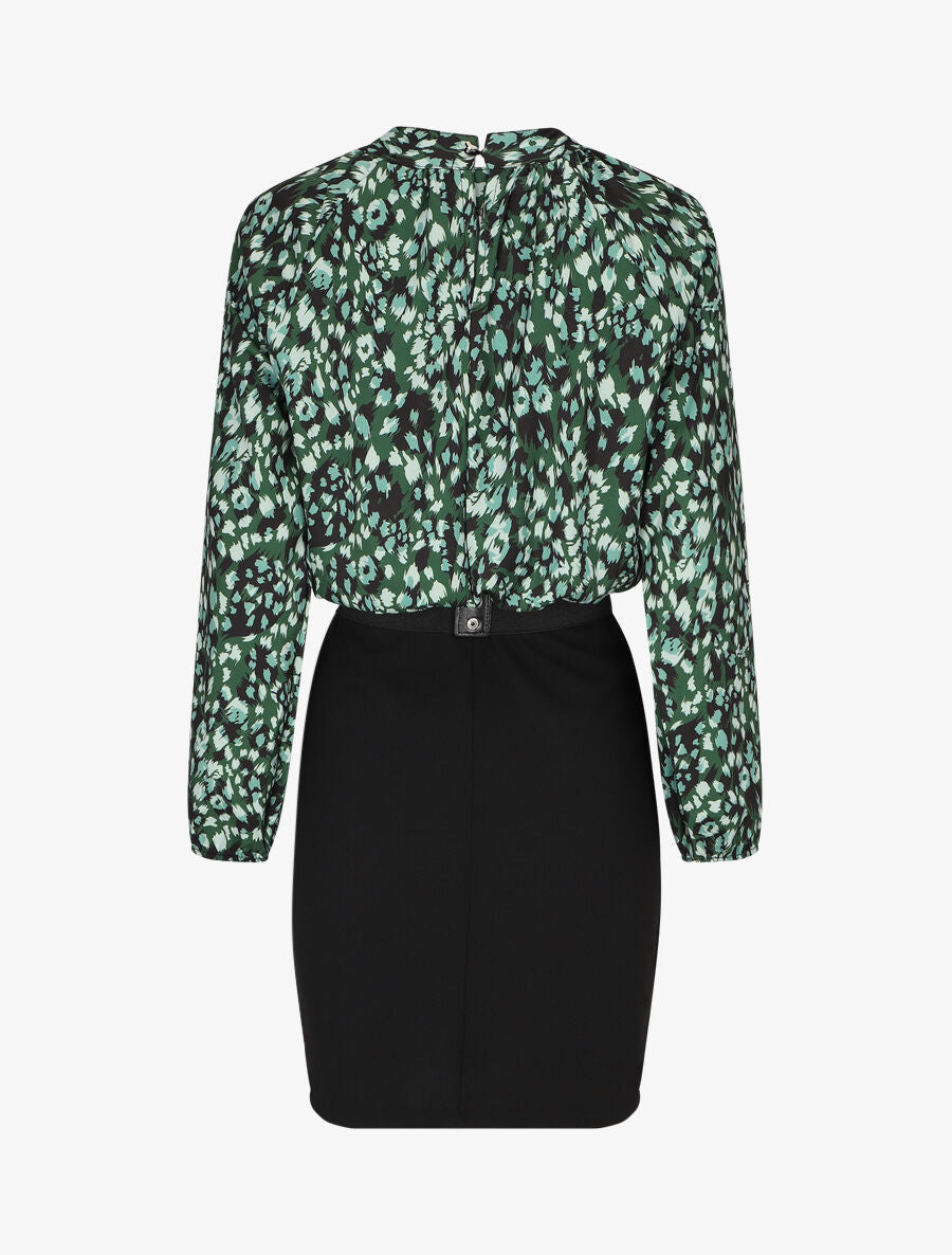 Robe bicolore à imprimé feuillage - Vert sapin - 2
