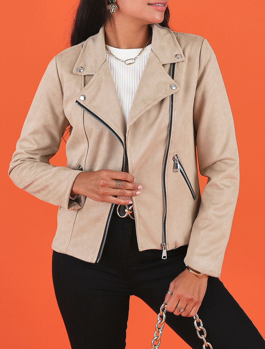 Veste style perfecto en suédine - Beige - 4