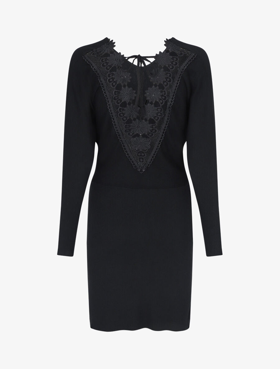 Robe pull mi-longue à broderies au dos - Noir - 2