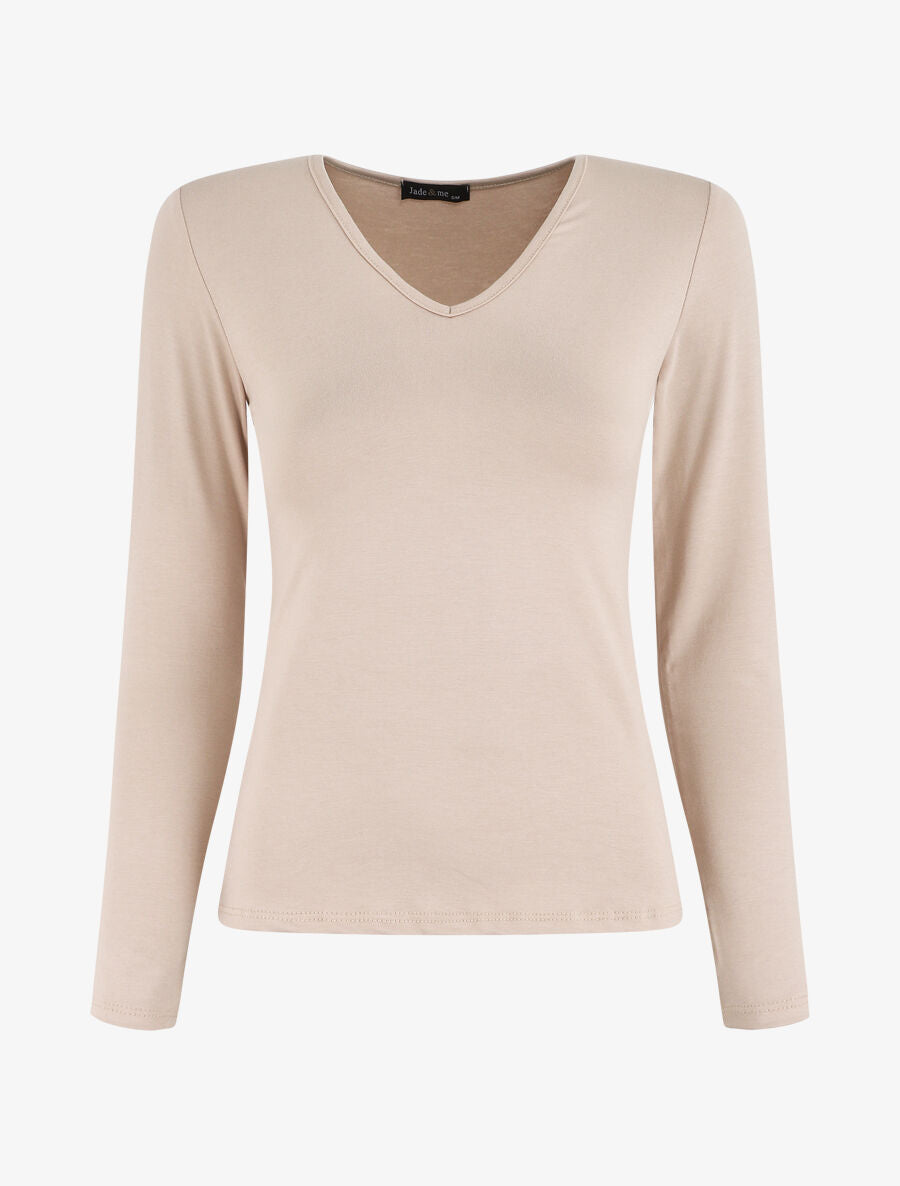 Top uni manches longues à col V - Beige - 1
