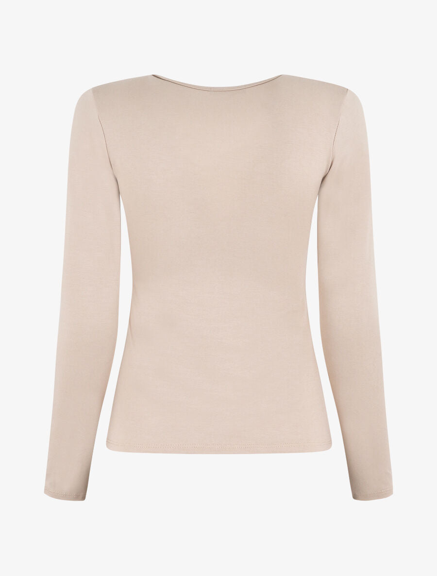 Top uni manches longues à col V - Beige - 2